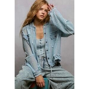 POL - Open Knit Button Down Pocket Front Hooded Shirt - Small